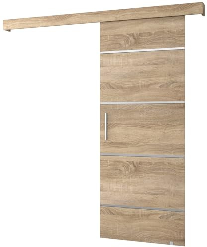 ABIKSMEBLE Salwador 4 Système de Porte Coulissante avec un Cache Rail - Bandes Décoratives - Portes Coulissantes Murales Intérieures - Construction Solide - 90 x 204 cm - Sonoma