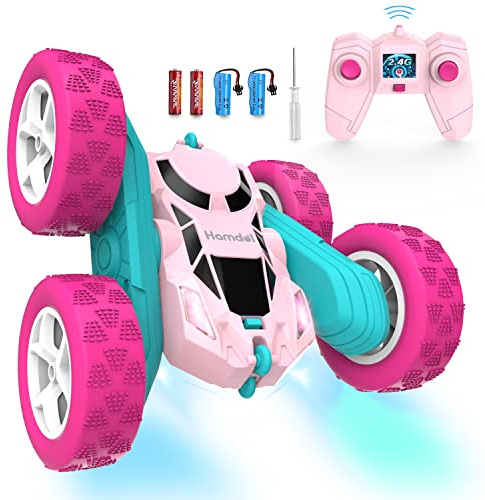 Hamdol Pink Remote Control Car for Girls, 360° Flipping Stunt Car with LED Headlights, Rechargeable 4WD Electric Toy Vehicle, Princess Gift for 6 7 8 9 10 11 Year Old Girls, Birthday & Christmas Toy
