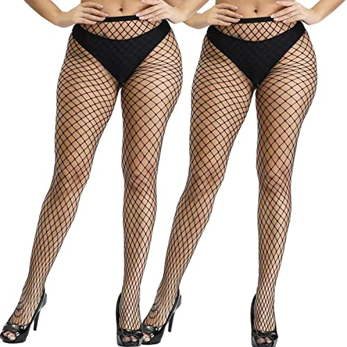 Fohevers Dam nätstrumpor hög midja fisknät tights kontroll topp staket nät leggings strumpbyxor för halloween cosplay dans, L Net-2-pack, one size