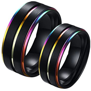 BCughia Freundschaftsringe Beste Freundinnen, Ringe Männer Schwarz 8 mm Schwarzer LGBT Ring mit Regenbogenkanten Damengröße 62 (19.7), Herrengröße 65 (20.7)