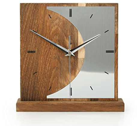 Kreative Feder Designer-STANDUHR „Silvermoon“ aus Eichenholz – analoge TISCHUHR ohne Tickgeräusche (leises Funkuhrwerk, Eiche geräuchert)