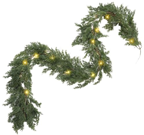 Jutom LED Christmas Cedar Garland Artificial Pine Cypress Vines with Light Christmas Garland with Lights for Christmas Table Mantle Background Wall Room Outdoor Indoor Winter Decoration (1, 12 ft)
