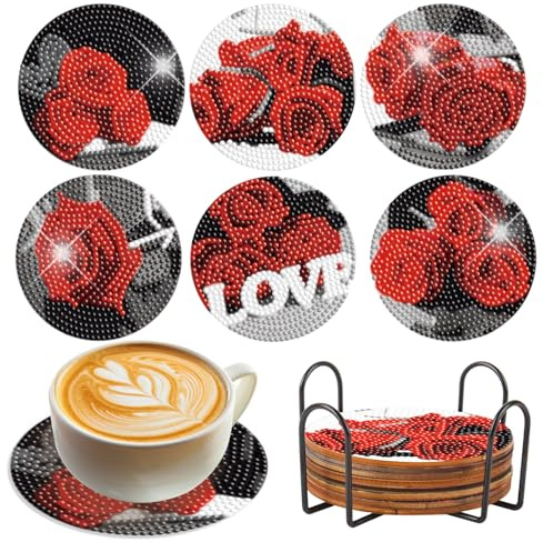 SHEGZHUC 6 Pzs Pintura Diamante Posavasos Rosas Rojas con Soporte Cuadros Diamantes 5D Diamond Painting Flores Love Manualidades con Cristales Posavasos Decorativos para Vino Copas Tazas de Té Bebida