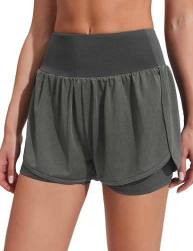 PINSPARK Damen Sportshorts Kurz High Waist 2in1 mit Tasche Schnelltrocknend | Elastic Taille, RV-Tasche am Rücken, Innentasche für Handy, Atmungsaktiv Leicht Laufshorts, Fitness Running Yoga Training