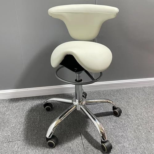 NUNETH Sattelhocker Weiß Sattelstuhl mit Drehbarer Rückenlehne und Sitzfläche, Zahnmedizin Hydraulischer Rollstuhl des Sattelschemels, Heim Büro Salonstuhl-Sattelsitz, 57-67 cm