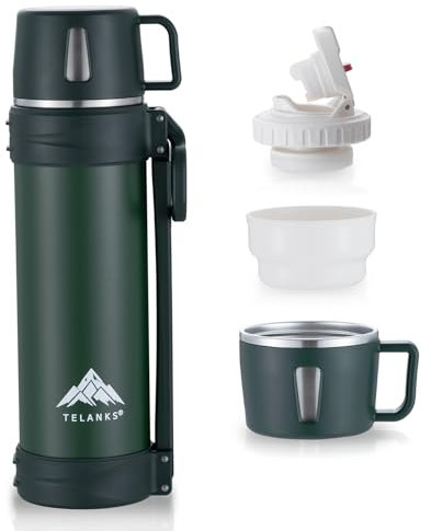TELANKS Thermosflasche 1.5L / 2.5L mit Becher, Edelstahl Vakuum Thermoskanne mit Griff & Tragegurt, Auslaufsicher Isolierflasche Camping Oder Wandern, 24h Heiß & Kalt