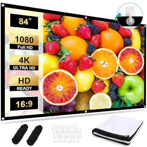 Hengrongshen Beamer Leinwand 84 Zoll, einfach aufzuhängen 16: 9 4K HD Projektor Leinwand, Tragbare Leinwände Faltbar Anti-Falten Doppelseitige Projektion 186 x 105 cm, Outdoor und Heimkino