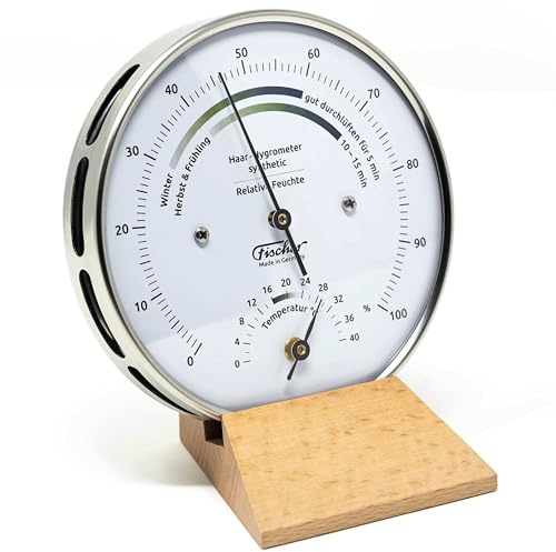 Fischer 122.01HT-02, Wohnklima-Hygrometer u. Raum-Thermometer, Edelstahl | Luftfeuchtigkeitsmesser, Messbereich 0-100 % r. F. und 0-40 °C, Genauigkeit ± 3 % r. F., 103mm Durchmesser, Made in Germany