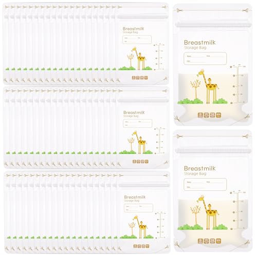 60 sacchetti per latte materno, per l'allattamento al seno, 150 ml, per congelare e scongelare rapidamente il latte materno, con giraffa, senza perdite
