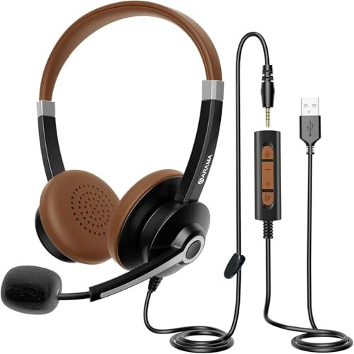 Arama USB Headset, Stereo PC Kopfhörer mit Mikrofon Noise Cancelling, USB/3,5mm Headset Handy für Laptop Computer Call Center Office Teams Telefonkonferenzen Zoom Skype Chat Online-Kurse und Musik