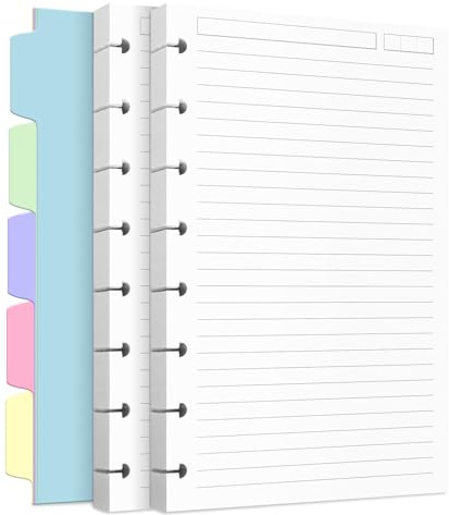 Discbound Recharge de papier pour système de prise de notes, inserts de planificateur à disques avec 240 pages, 5 feuilles d'intercalaires, recharge de papier blanc, taille junior 14,2 x 21,1 cm