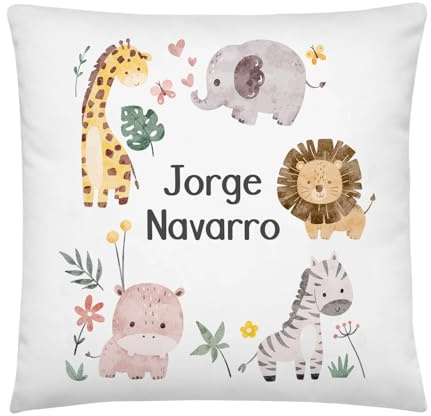 Kembilove Cojin Infantil Personalizado con Nombre - Almohada niños 2 años - Cojin Infantil guarderia - Regalos Infantiles para el Cole - Almohada 40X40 cm - Animalitos Selva