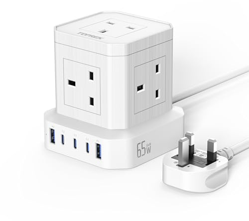 TOPREK 65W Fast Charge Extension Lead with USB Slots, 5AC + 2USB-A + 3USB-C | 2m Extension Cable, Simultaneous Fast-charging of 10 devices, UK Plug Extension Socket with Switch for Home, Kitchen, Office