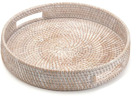 Rundes Rattan Serviertablett, Handgewebtes Serviertablett mit Griffen, Wicker Servierkorb, Dekoratives Tablett für Küche, Wohnzimmer (Weiße, 36 cm)