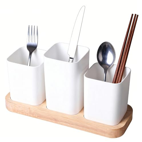 Sunicon Étagère à couverts en bois, avec 3 compartiments de rangement de grande capacité
