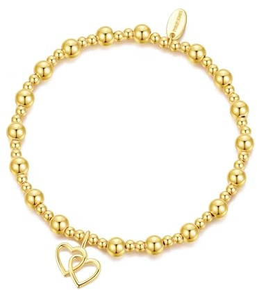 Philip Jones 18k Gold Plated Heart Link Beaded Stretch Bracelet