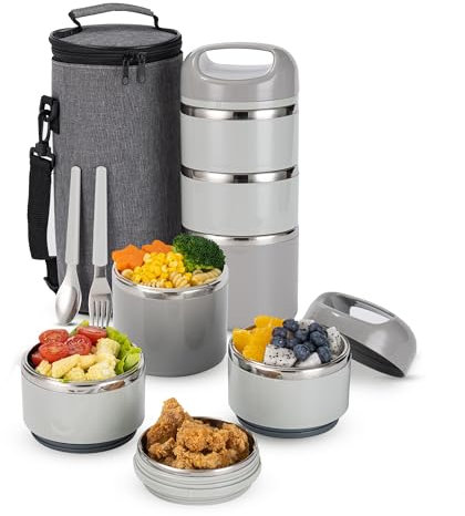 Lille Home 3 Layer Stainless Steel Lunch Box 1.43L Leakproof, BPA-Free Insulated Bento Box for On-The-Go Meal Prep, Stackable Food Container for Women & Men (Grey)
