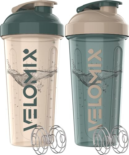 VELOMIX 2 Pack 28oz Protein Shaker Bottle for Protein Mixes, Blue/Beige