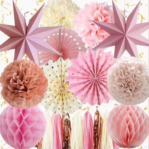 Geburtstagsdeko Rosa Beige,Party Deko Geburtstag,15PCS Boho Rosa Geburtstagsdeko für Frauen Mann Mädchen Junge,Hintergrunddekoration für Verlobung,Hochzeit,Babyparty,Bridal Shower,Garten Party