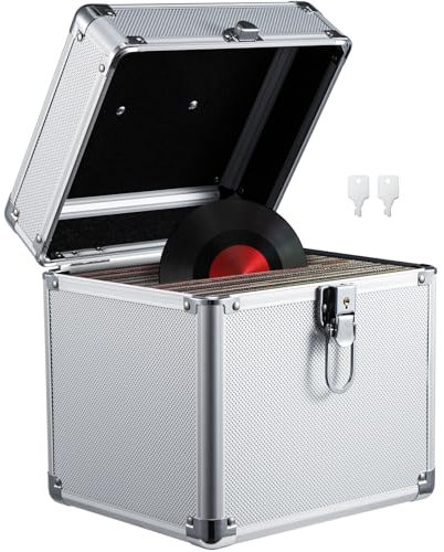 CROWNSHOP LP Storage Case 7 Record Storage Box 23x22x19cm Vinyl LP Storage Box Case Aluminum Portable Lockable DJ Flight Carry Case Holds 50pcs Albums Vinyl Record Storage (Silver 7 inches 50pcs)