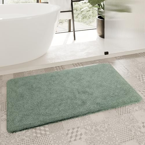 Homie Living Porto Azzurro Badteppich, 60 x 100 cm, Salbei grün | Badematte kuscheliger Flauschiger weicher Flor l rutschfest und Waschbar