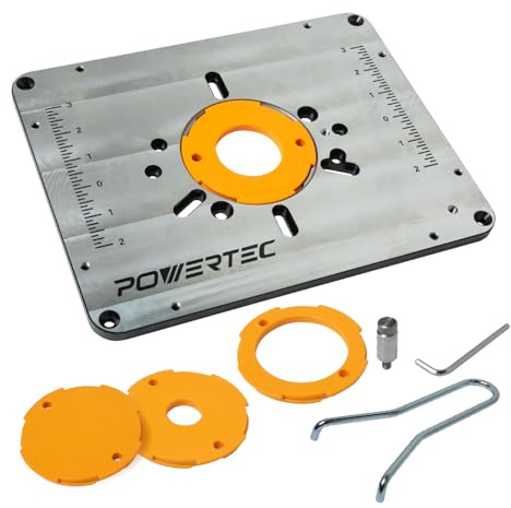 POWERTEC Aluminum Router Table Insert Plate with Reducer Rings, Leveling Screws, and Starting Pin – Compatible with Bosch, DeWalt, Makita, and Other Brands for Woodworking with Router Tables (71850)