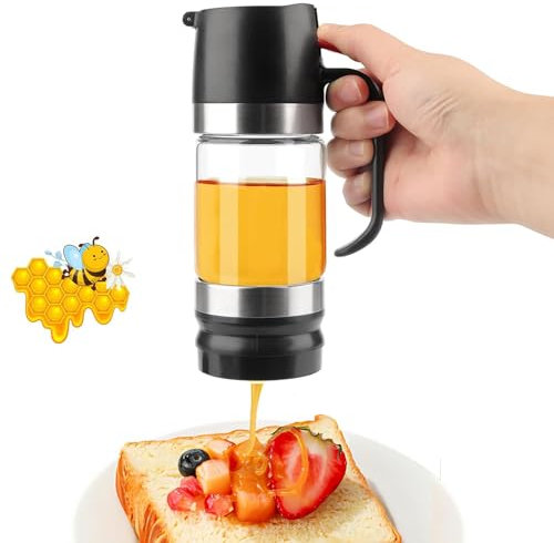 Fleymu Distributeur de miel en verre de 300 ml avec design push-drip – Pot à miel noir de qualité alimentaire pour sirop, confiture, lait, café, thé, pâtisserie (passe au lave-vaisselle, anti-gouttes,