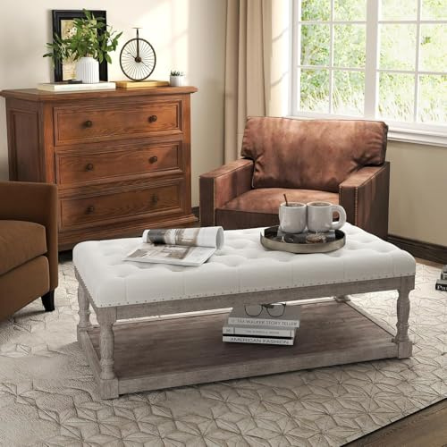 Cuzobro Ottoman Coffee Table, Large Rectangle Ottoman with Storage - Upholstered Cushioned Bench for Living Room, Tufted Linen Fabric with Solid Wood Shelf, Entryway Bench (Ivory)
