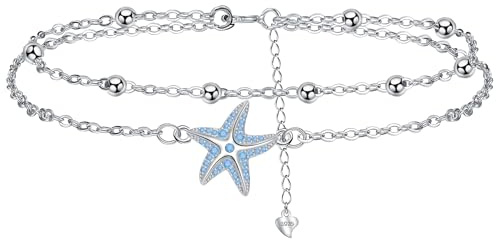 Yinsen Fußkettchen für Damen 925 Sterling Silber Böhmischer Stil Doppeltes Fußkette Anti-Fading - Sommer-Strandschmuck-Geschenke für Frauen Verstellbar 22+4cm
