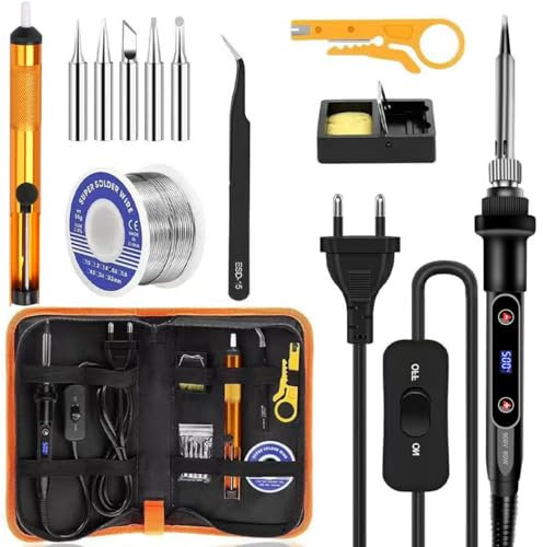 80W LCD Lötkolben Set,Soldering Iron,Lötset,Temperatur einstellbar 180-520°C mit Ein/Aus Schalter, Lötkolben mit 5 Spitzen, 50g Lötdraht, Entlötpumpe, Lötkolbenhalter