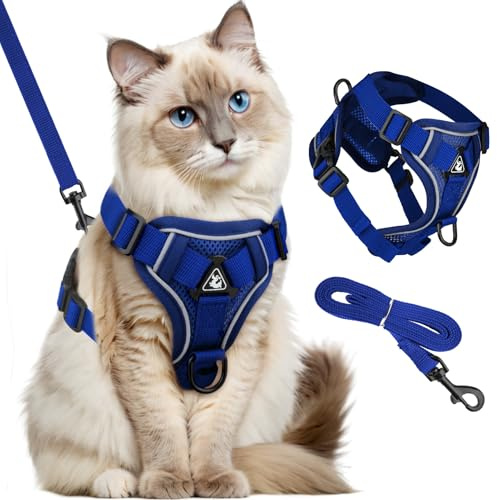 GlasFlength Katzengeschirr mit Leine Ausbruchsicher, Katzenleine mit Geschirr für Katzen Verstellbar Katzen Geschirr Set Cat Harness Softgeschirr für Katze mit Reflektierenden Streifen (Dunkelblau-S)
