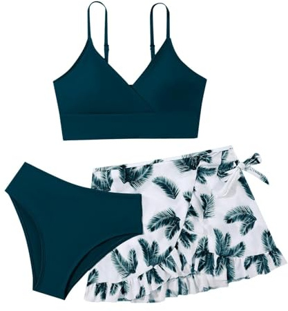 Generisch 3 Teilig Bikini Set für Mädchen Blumen Badeanzug mit Unterhemd Unterteile Skirt Teenager Strand Pool Schnelltrocknender Tankini Sets Sommer Badeanzüge Schwimmanzug (Navy, 12-13 Years)