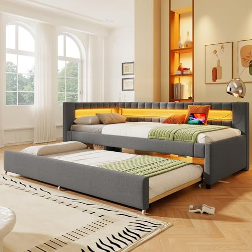 KecDuey Polsterbett,Tagesbett 90x200cm mit Ausziehbett 90 x 190cm,Bett mit LED-Fernbedienungslichtleiste am Bettende,Sofabett mit Lattenrost,USB + Type-C,Leinen (Grau, 90 x 200cm)