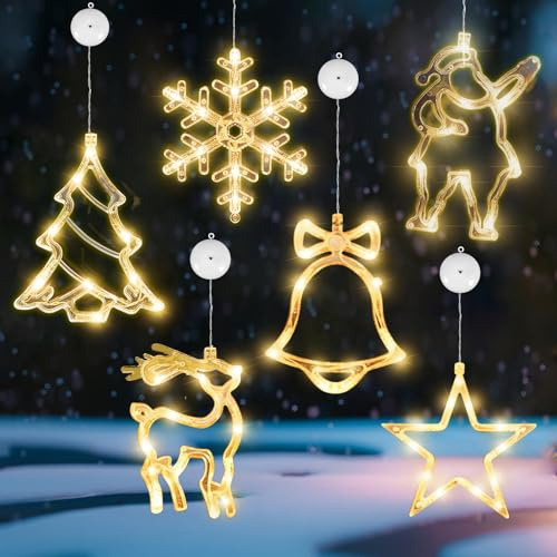 BUOAZR 6 Pezzi Lampada a Ventosa Per Natale, Natalizie a Ventosa a LED, Bianco Caldo, Luci Decorativa per Finestra a Ventosa, Luci di Natale a LED ​Luce a Sospensione per Finestra, Giardino, Feste