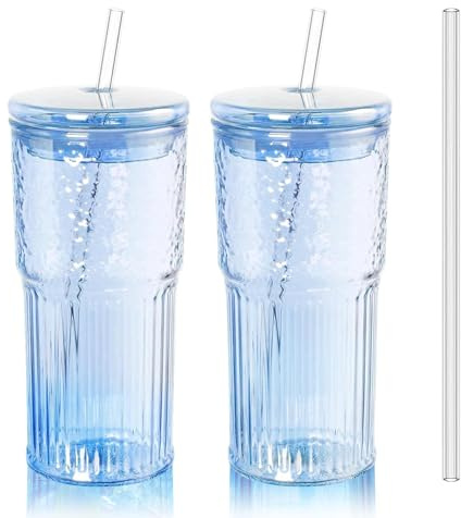 Iced Coffee Cup, 2 Pack 20Oz/600ml Clear Glasses Cups with Lids and Glass Straws Drinking Glasses for Juice, Coffee,Cocktail,Soda,Milk,Ice Water, Cold or Hot Drinks