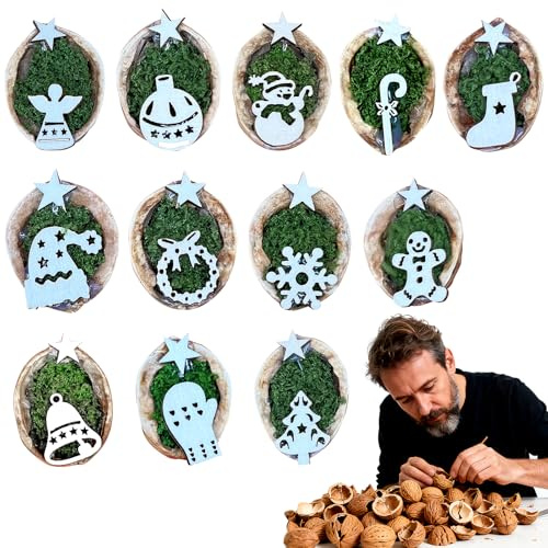 Weihnachten Deko Set Holz Walnuss Anhänger Weihnachtsbaum Deko | Handgemachte natürliche Holzanhänger für nachhaltige Weihnachtsdeko mit festlicher Atmosphäre