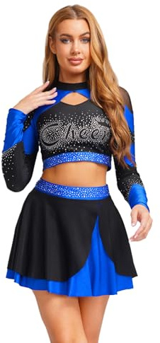 iiniim Damen Cheer Leader Kostüm Cheerleading Uniform Langarm Crop Tops mit Rock Cheer Tanzkleid Halloween Karneval Fasching Kostüm S Royal Blau M
