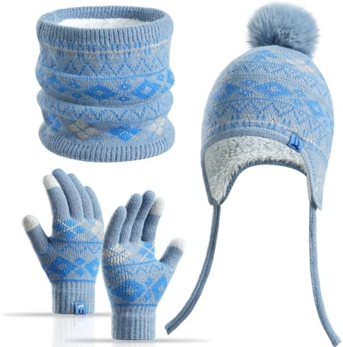 Yaopelky Barn vinter 3-delat set fleecefodrad hatt hals damask handskar för 3-8 år med pom pom varm mässan ö pekskärm snö skola utomhusbruk, BLÅ, One Size (fits 3-8 years kids)