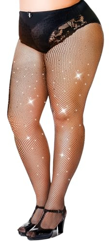 APLZGMG Medias de red de talla grande para mujer, mallas de malla de talla grande para mujer, con diamantes de imitación brillantes, sexy, de cintura alta, para fiestas, conciertos