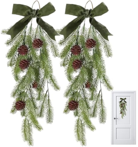2 Piezas de Guirnalda navideña de 27 Pulgadas, Guirnalda Verde en Forma de lágrima con piñas y Lazo de Terciopelo para Colgar en la Puerta de Navidad para decoración de Ventanas de Pared de inviern