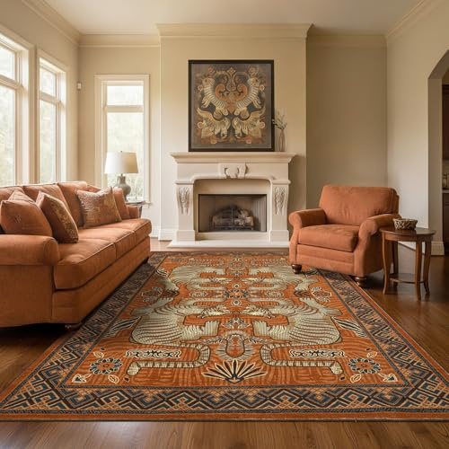 GarveeHome Tibetan Tiger 8x10 Washable Area Rugs for Living Room, Boho Tribal Terracotta Soft Animal Print Throw Rug Vintage Non Slip Ultra Thin Stain Resistant Floor Carpet for Office Bedroom