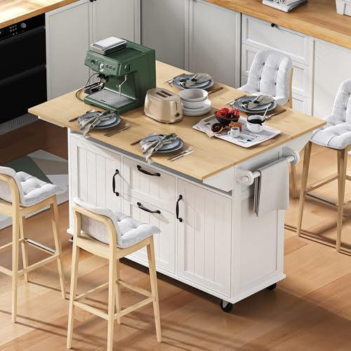 Carro de cocina móvil 120×40(80)×92 cm, isla central sobre ruedas con cajones, Carro de comedor con encimera abatible, estante para especias y portatoallas, bloque de enchufes integrado