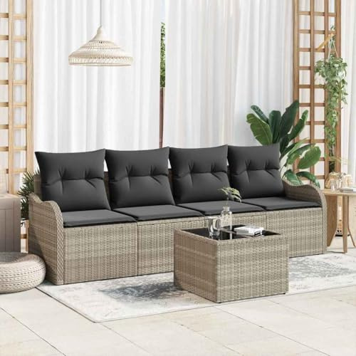 QJBSAVVA 5-Teiliges Balkonmöbel-Set Hellgrau Poly-Rattan, modulares Outdoor-Sofa mit Tisch 55 x 55 x 37 cm, Robust und Modernes Design für kleine Balkone, Terrasse und Garten