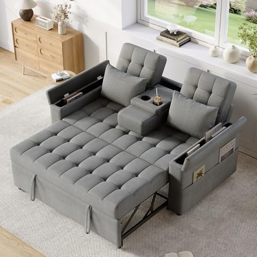 MOBETTRES 2-Sitzer Schlafsofa mit Stauraum und Verstellbarer Rückenlehne, Sofa mit Armlehnen-Staufächern und Kissen, Vielseitiges Klappsofa für Wohnzimmer, Schlafzimmer oder Wohnung (Grau)