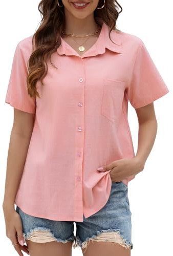 Yuson Girl Chemisier Femme Manche Courte Blouse Été en Lin Coton Chemise Col en V Boutonnée Hauts Couleur Unie Élégantes Chemiser Tops Décontracté Ample Tunique T-Shirt