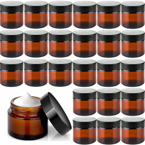 QYDMIN 25 Stück 60ml Cremedosen Zum Befüllen, Amber Glas Leerdose Salbentiegel Salbendosen, Braunglas Cremetiegel Salbendosen Kosmetik Behälter, Gläser Leerdose mit Deckel und Liner für Cremes, Salben
