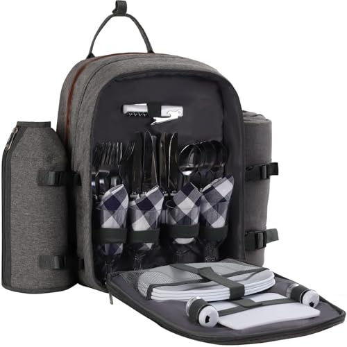 apollo walker picknickryggsäck 4 personer picknickset (set och filt) termoväska kylväskor för camping, strand, vandring ljusgrå