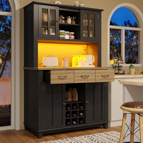 Lexiou Mobile Dispensa Cucina,Credenza Cucina Alta Mobile Dispensa Buffet,Credenza Cucina con Illuminazione a LED,Ripiani Regolabili, Grande Spazio, Cucina, Sala da Pranzo,106 x 40 x 179.5cm (nero)
