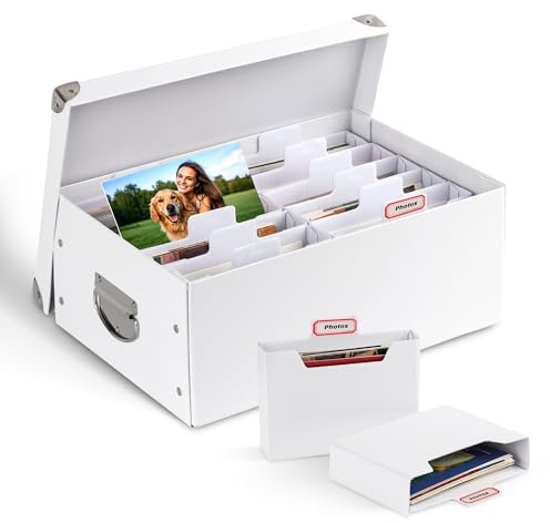 Decorative Photo Storage Box, Large Capacity Picture Organizer Box with 12 Dividers to Store Up to 1800 PCS 4x6 Photos, Collapsible Memory Box with Lid for Scrapbook Photo Stickers Stamps Seeds