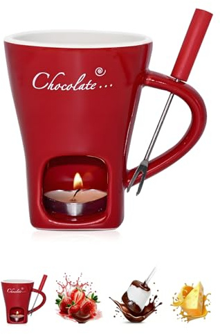 LingBaby Schokoladenfondue Tasse Schoko Fondueset Fondue Tasse Schokofondue Teelicht Schokofondue Mit Gabeln Schokoladenschmelz Becher Keramik-Butterwärmer-Topf (rot)